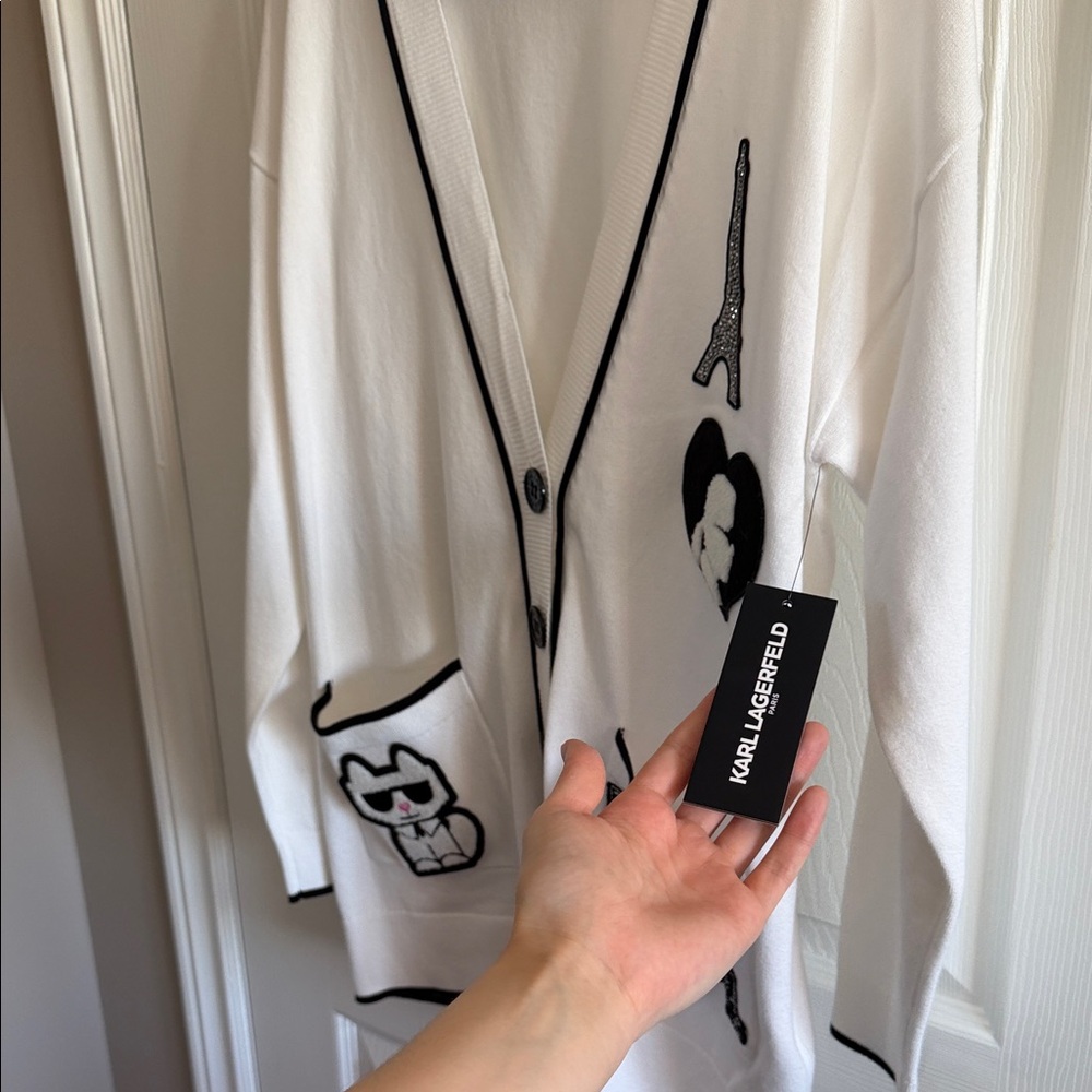NWT Karl Lagerfeld White Cardigan with Black Accents - Picture 2 of 3